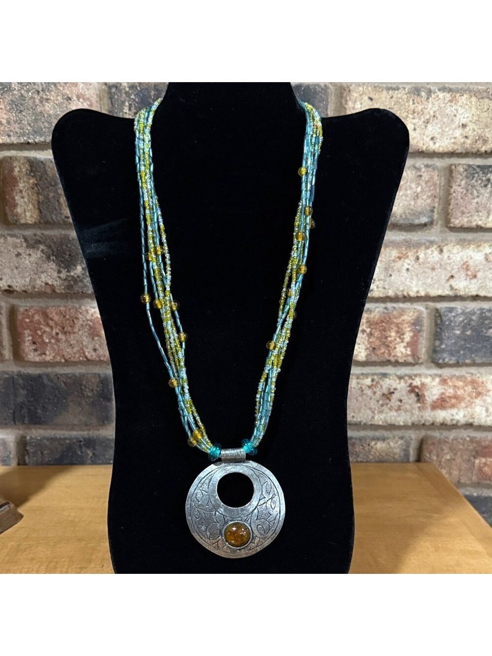 Vintage Blue, Amber, and Yellow seed bead 6 strand medallion southwest necklace
